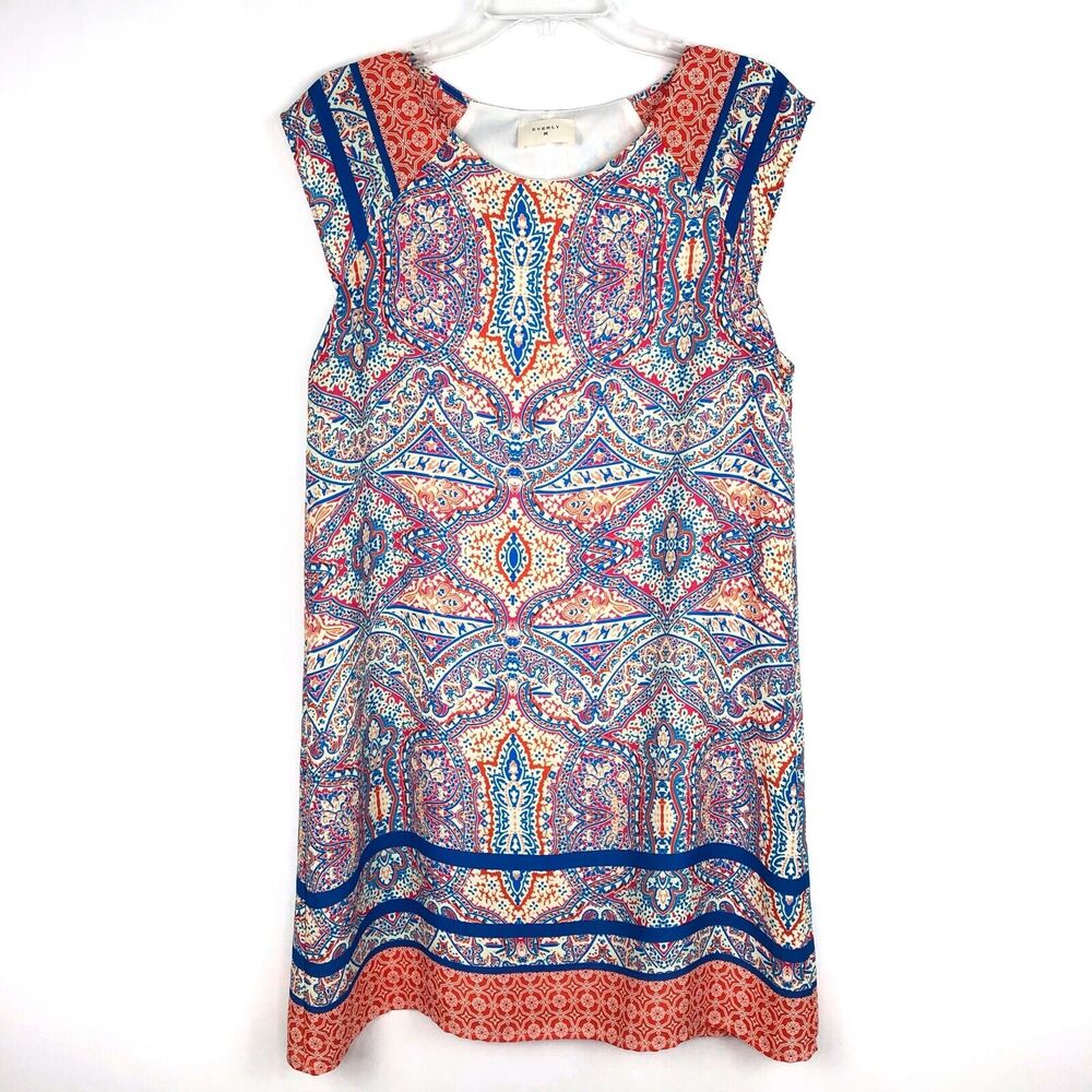 Everly Shift Dress Women’s L Blue Red Ivory Boho Paisley Geometric Sleeveless